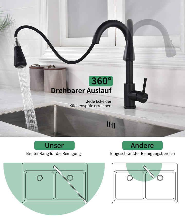 Küchenarmatur ausziehbar Edelstahl 304 schwarz 3 Funktionen 360° - Bild 2