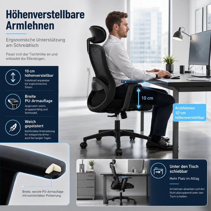Bürostuhl ergonomisch Netz 4D-Lendenstütze Kopfstütze bis 150 kg - Bild 5