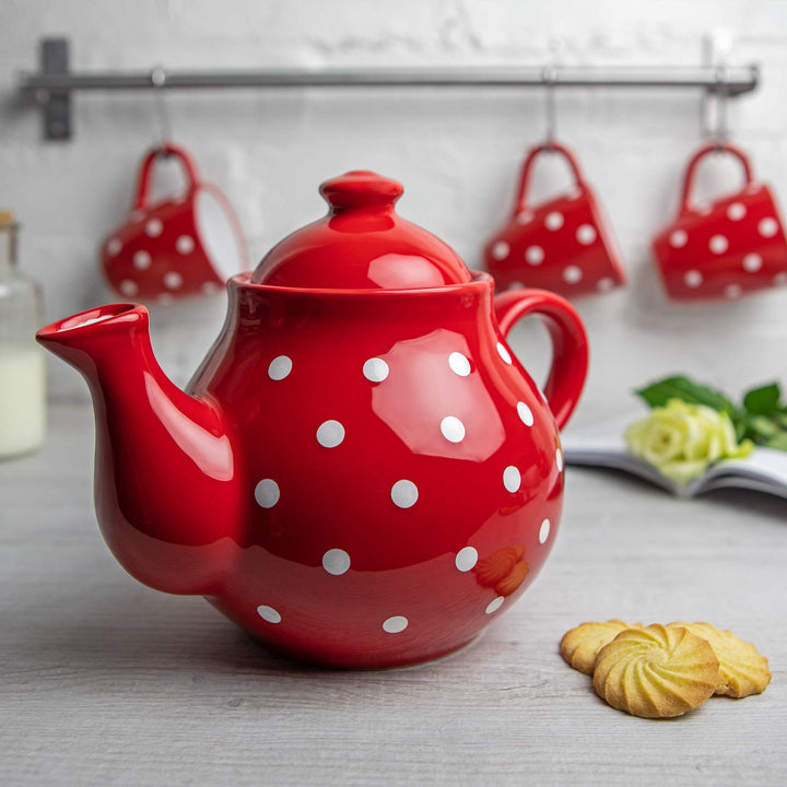 Teekanne Keramik 1,7 L Rot-Weiss Polka Dots handgemacht für 4-6 Tassen - Bild 4