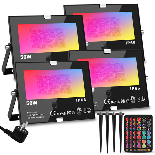 RGB LED Flutlichtstrahler 4er Set 50W mit Fernbedienung IP66 Outdoor