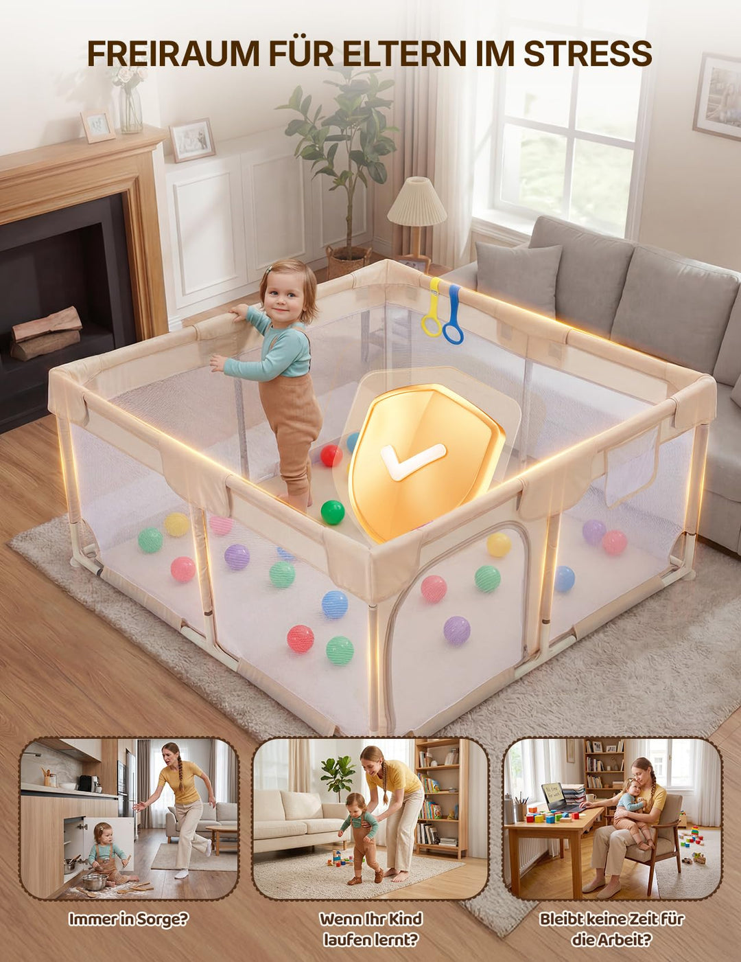 Laufstall Baby 124x124cm atmungsaktiv mit Spielzeug Kaffeebraun - Bild 2