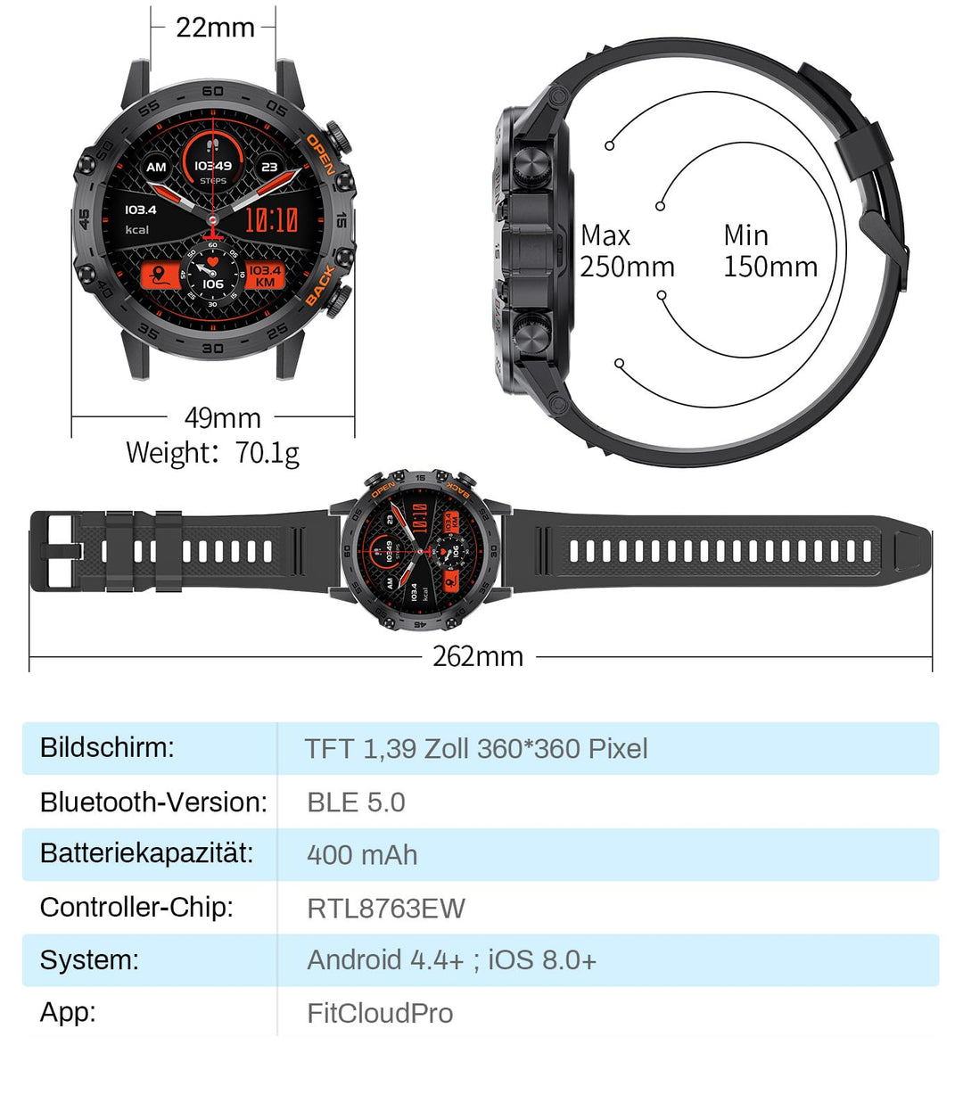 Smartwatch mit Telefonfunktion 1,39 Zoll 111 Sportmodi IP67 Herren - Bild 9