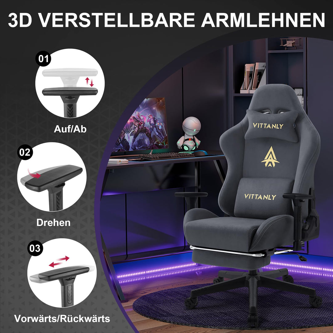 Gaming Stuhl Wildlederimitat ergonomisch mit Fussstuetze, Grau - Bild 2