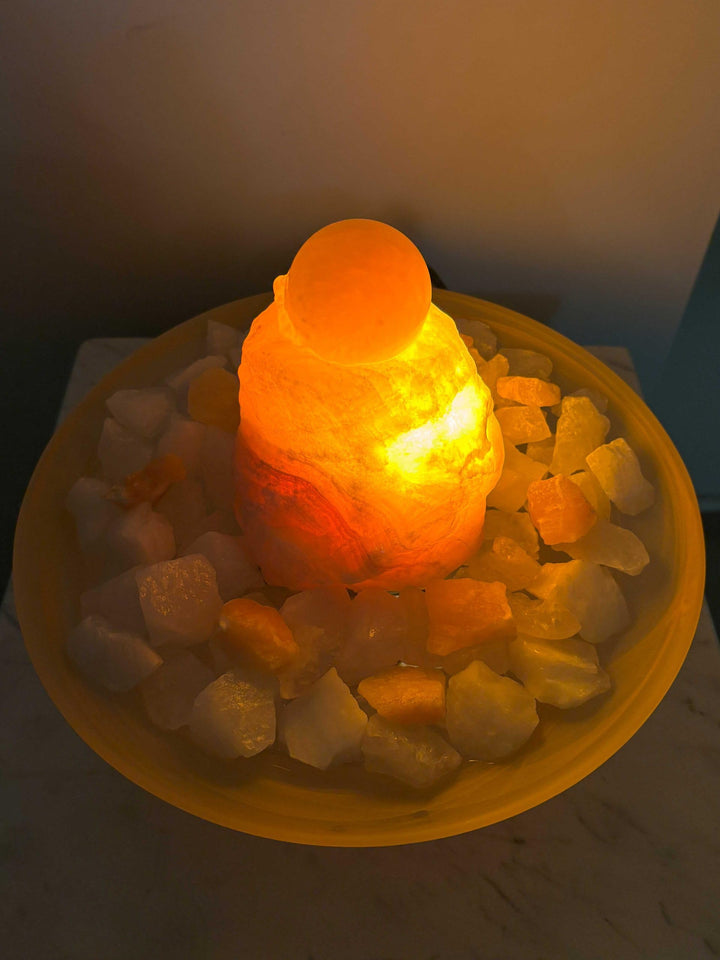 Kugelbrunnen Orangencalcit mit Beleuchtung weisse Glasschale 30 cm - Bild 4