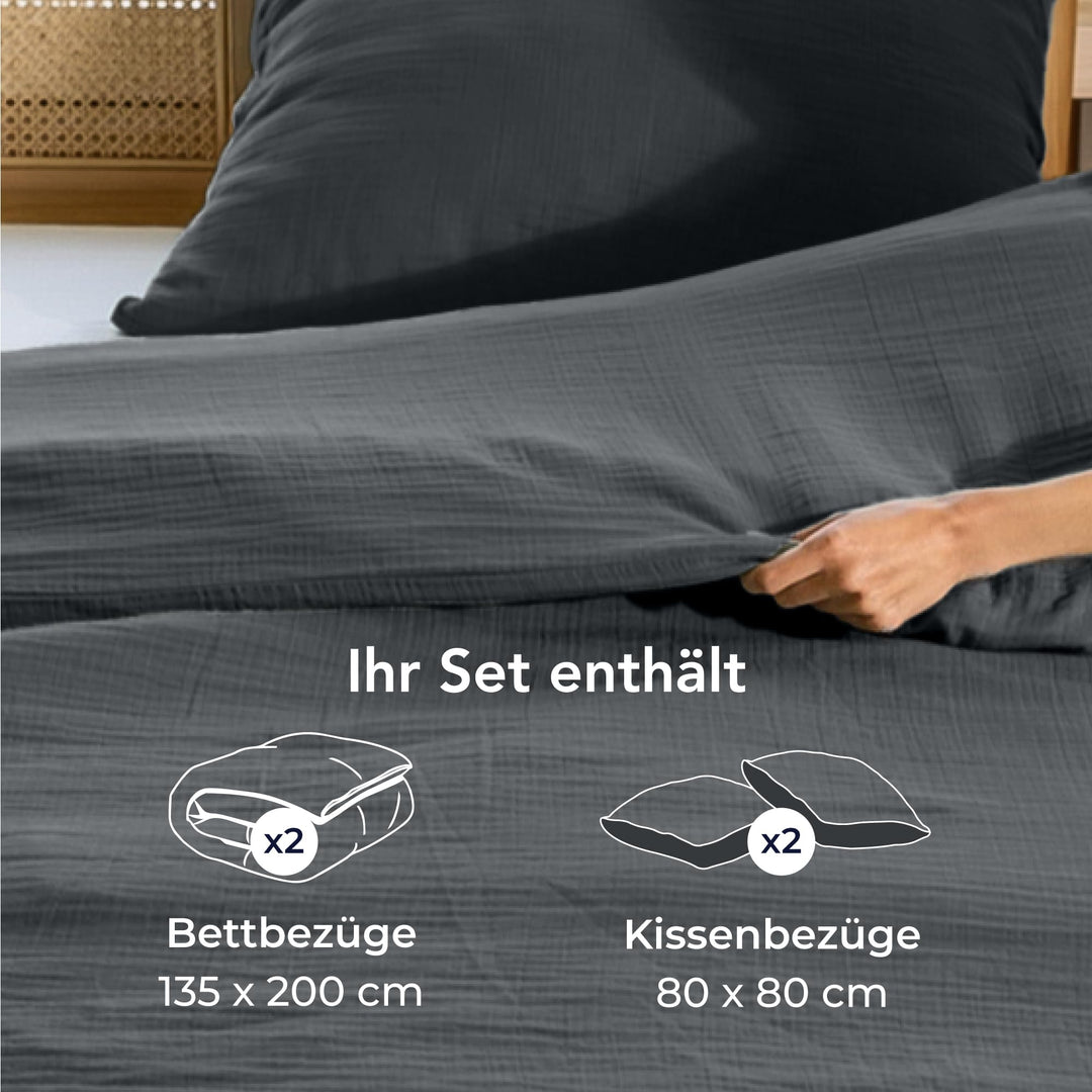 Bettwäsche-Set Musselin Baumwolle 135x200cm dunkelgrau, 2 Kissenbezüge - Bild 7