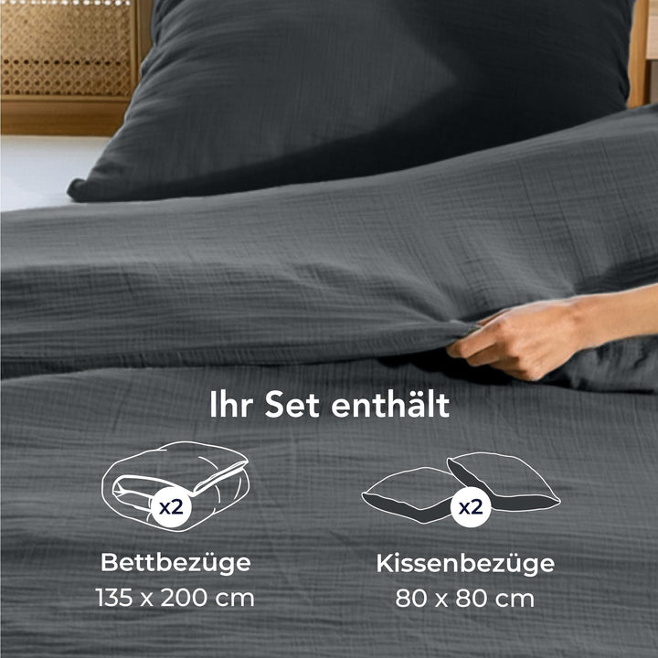 Bettwäsche-Set Musselin Baumwolle 135x200cm dunkelgrau, 2 Kissenbezüge - Bild 7