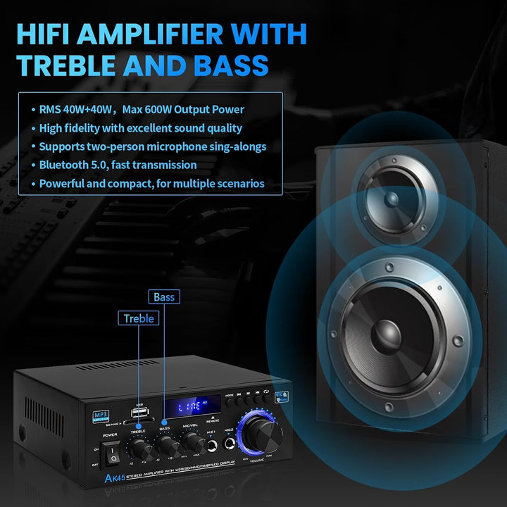 Stereo-Verstärker Bluetooth 5.0 HiFi 40W+40W mit FM-Radio Karaoke - Bild 6