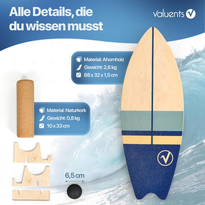 Balance Board Holz Surfboard-Form mit Korkrolle, Halterung &amp; Ball - Bild 8
