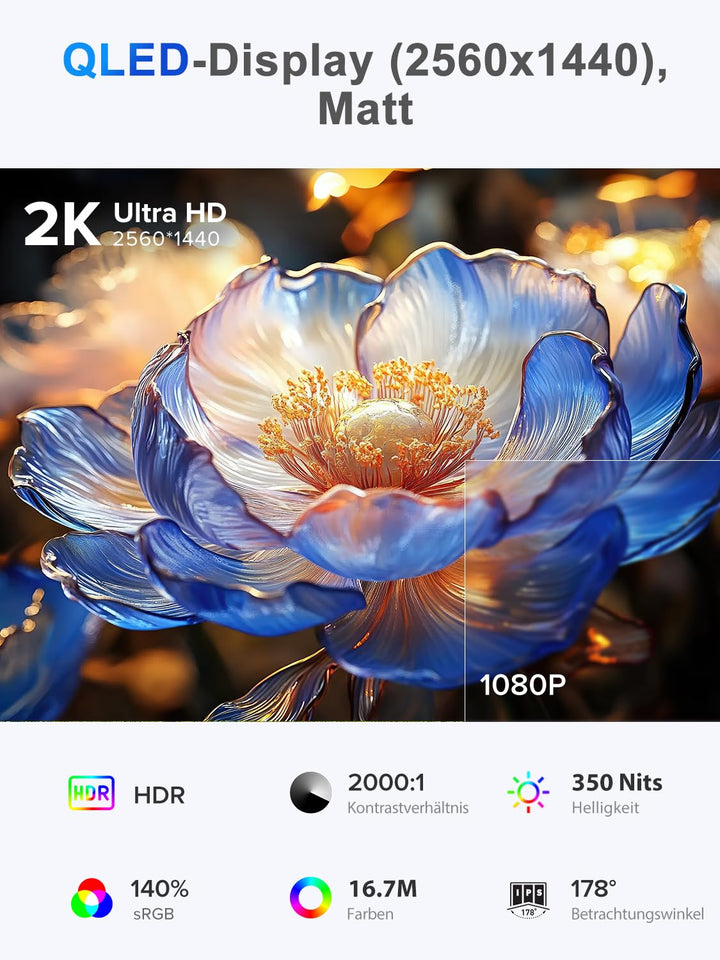 Portabler Monitor 22 Zoll 2K QLED QHD 2560x1440 140% sRGB - Bild 2