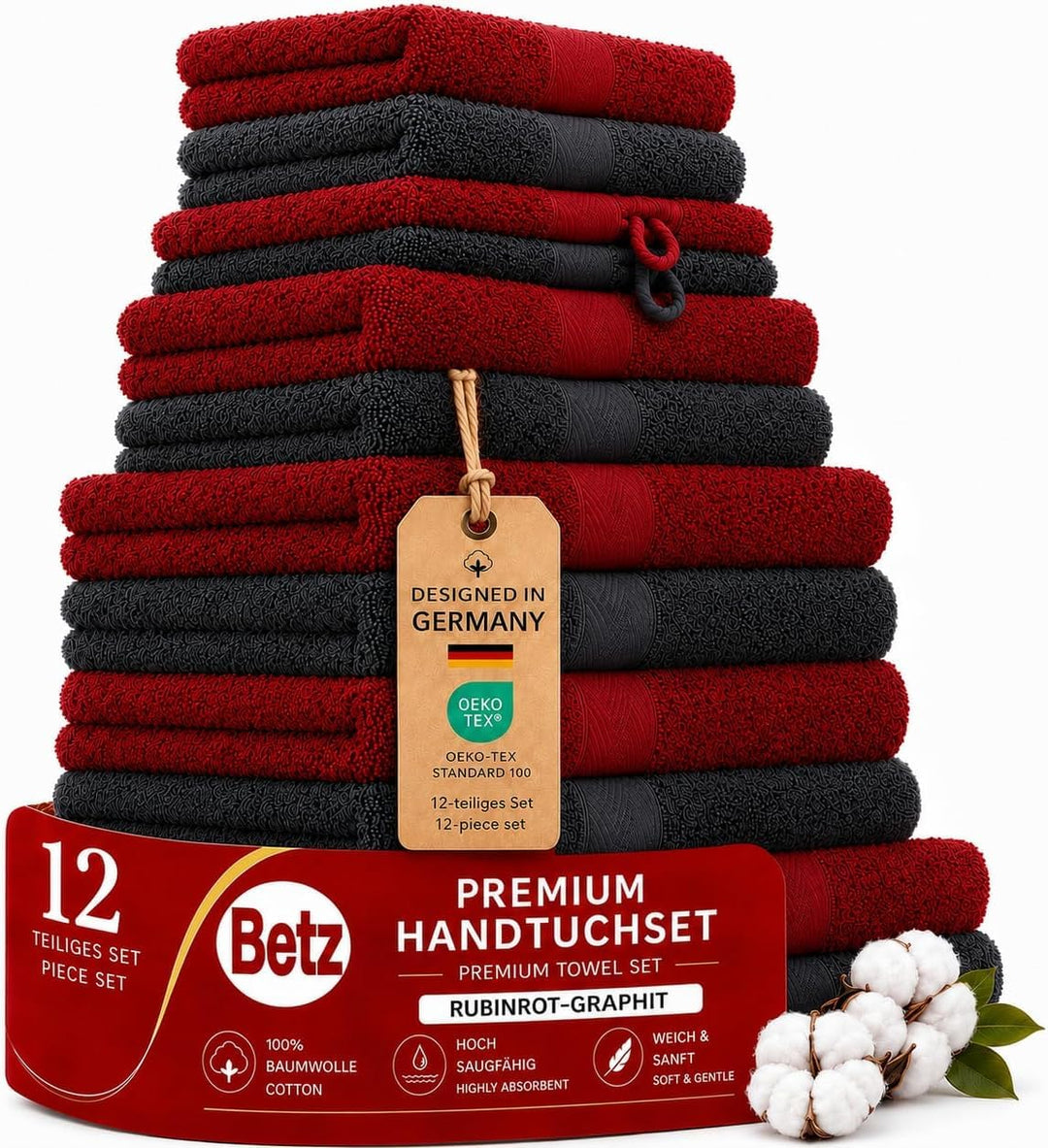 Handtuch-Set 12-teilig 100% Baumwolle 470 g/m² Frottee Rubinrot/Graphit