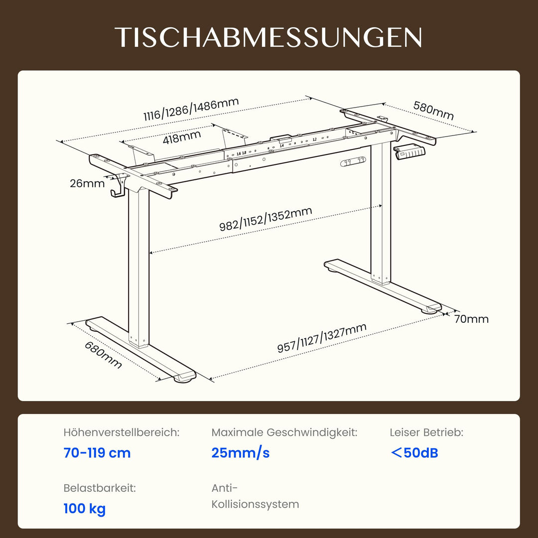 Schreibtisch-Gestell höhenverstellbar Doppelmotor 70–119 cm Home Office - Bild 2