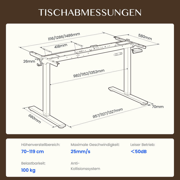 Schreibtisch-Gestell höhenverstellbar Doppelmotor 70–119 cm Home Office - Bild 2
