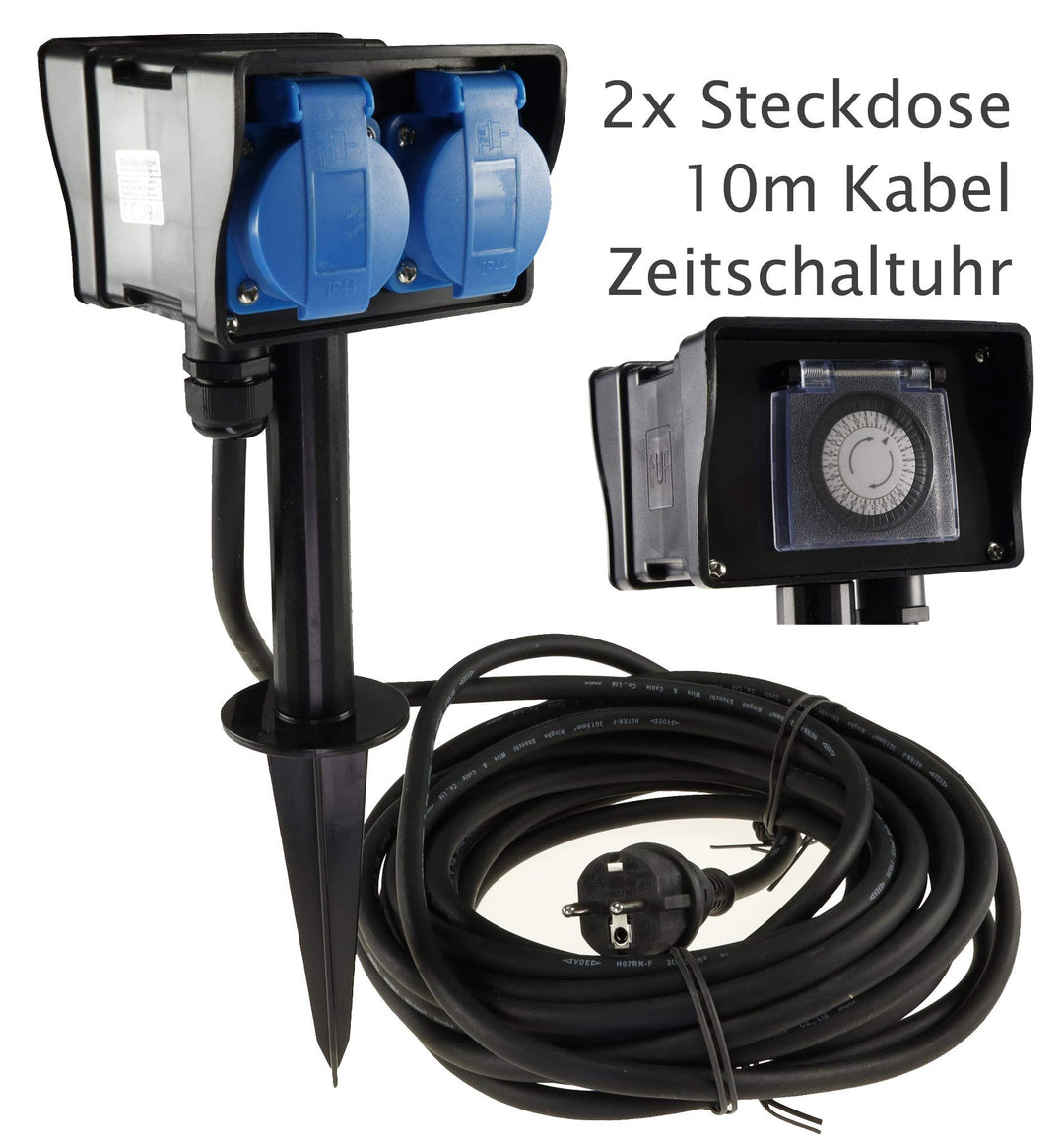 Gartensteckdose 2-fach mit Zeitschaltuhr und 10 m Kabel, IP44 - Bild 2