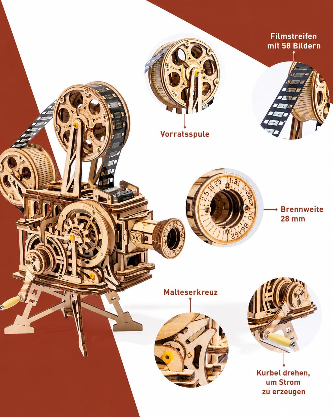 Holzmodell Filmprojektor mit Handkurbel Vintage-Mechanik 172 Teile - Bild 5