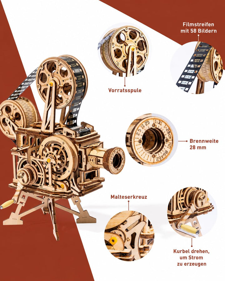 Holzmodell Filmprojektor mit Handkurbel Vintage-Mechanik 172 Teile - Bild 5