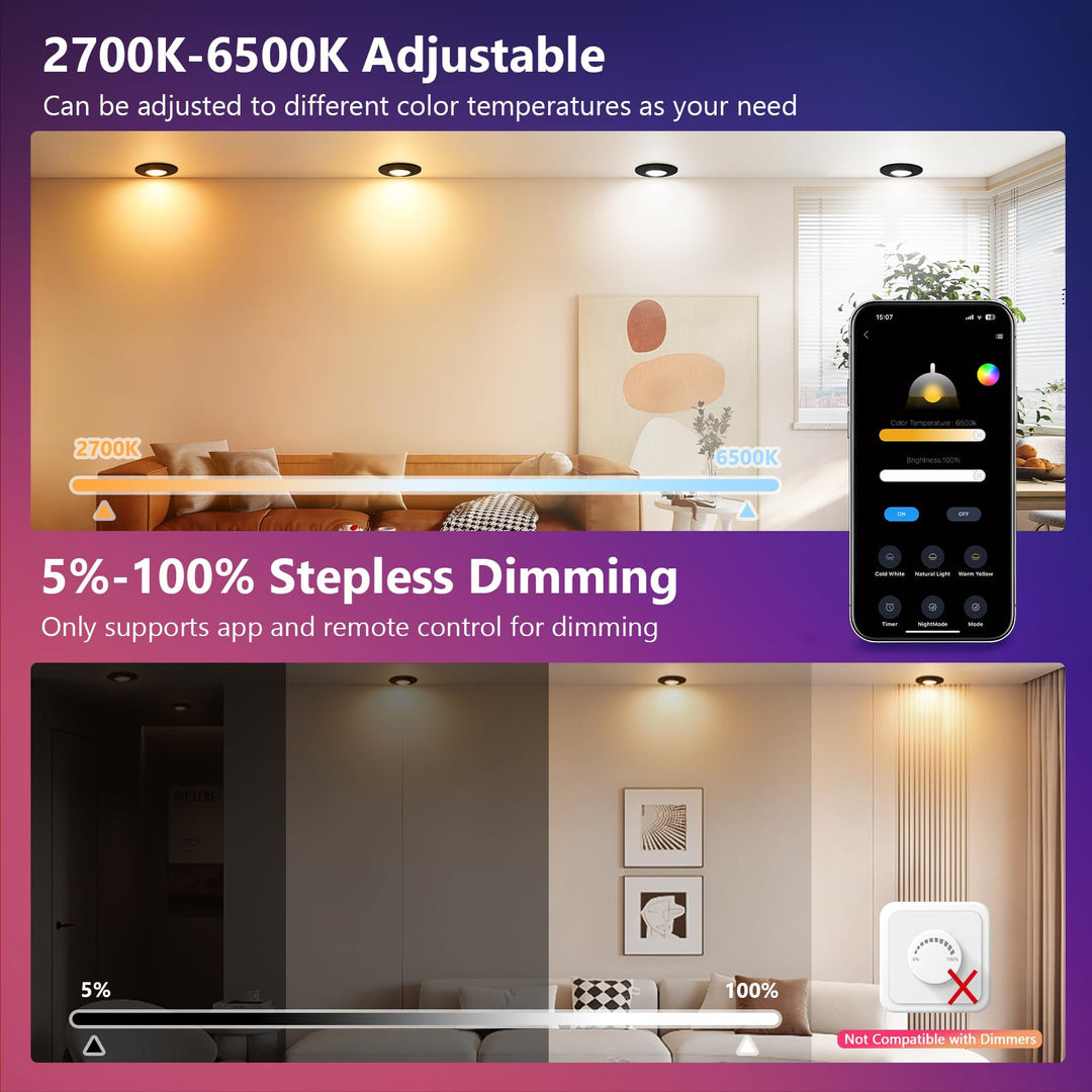LED Einbaustrahler RGB dimmbar 6er-Set App &amp; Fernbedienung 5W schwarz - Bild 3