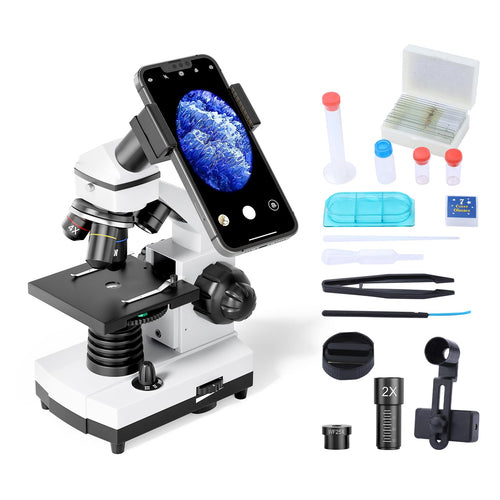 Monokular Mikroskop 200-2000x mit LED, Handyadapter und Tragetasche