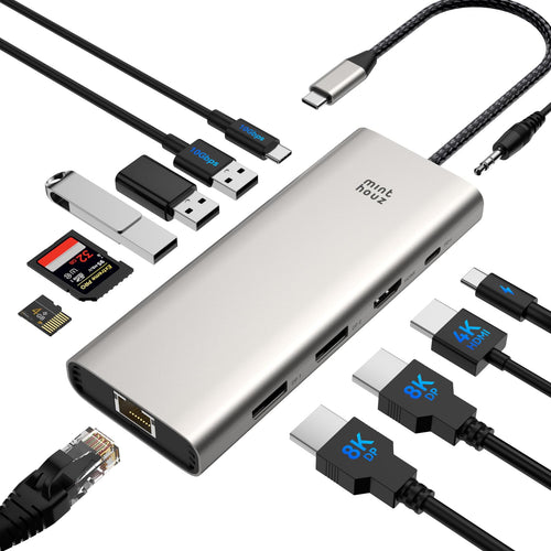 USB-C Docking Station 12-in-1 Triple Monitor Dual DP+HDMI 8K