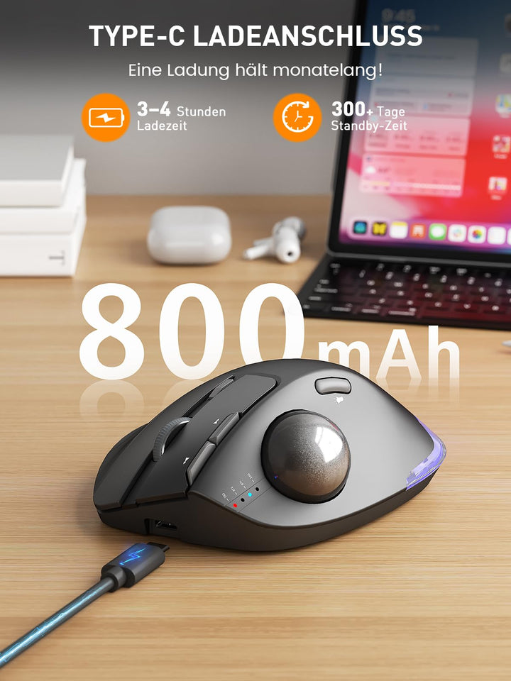 Trackball Maus kabellos Bluetooth USB RGB ergonomisch 3 Geräte - Bild 7