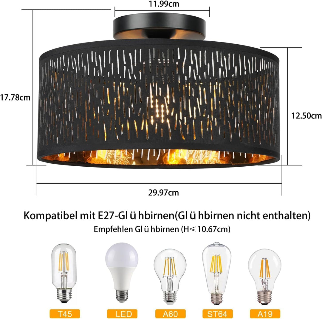 Deckenleuchte Schwarz-Gold Metall Stoff Ø30cm E27 für Wohnzimmer