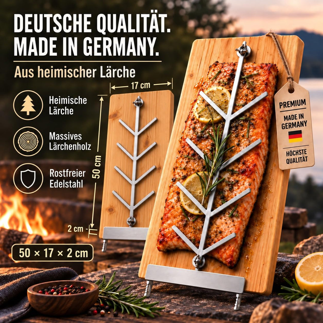 Flammlachsbrett Lärchenholz 2er-Set mit Edelstahlhalterung für Feuerschale - Bild 2