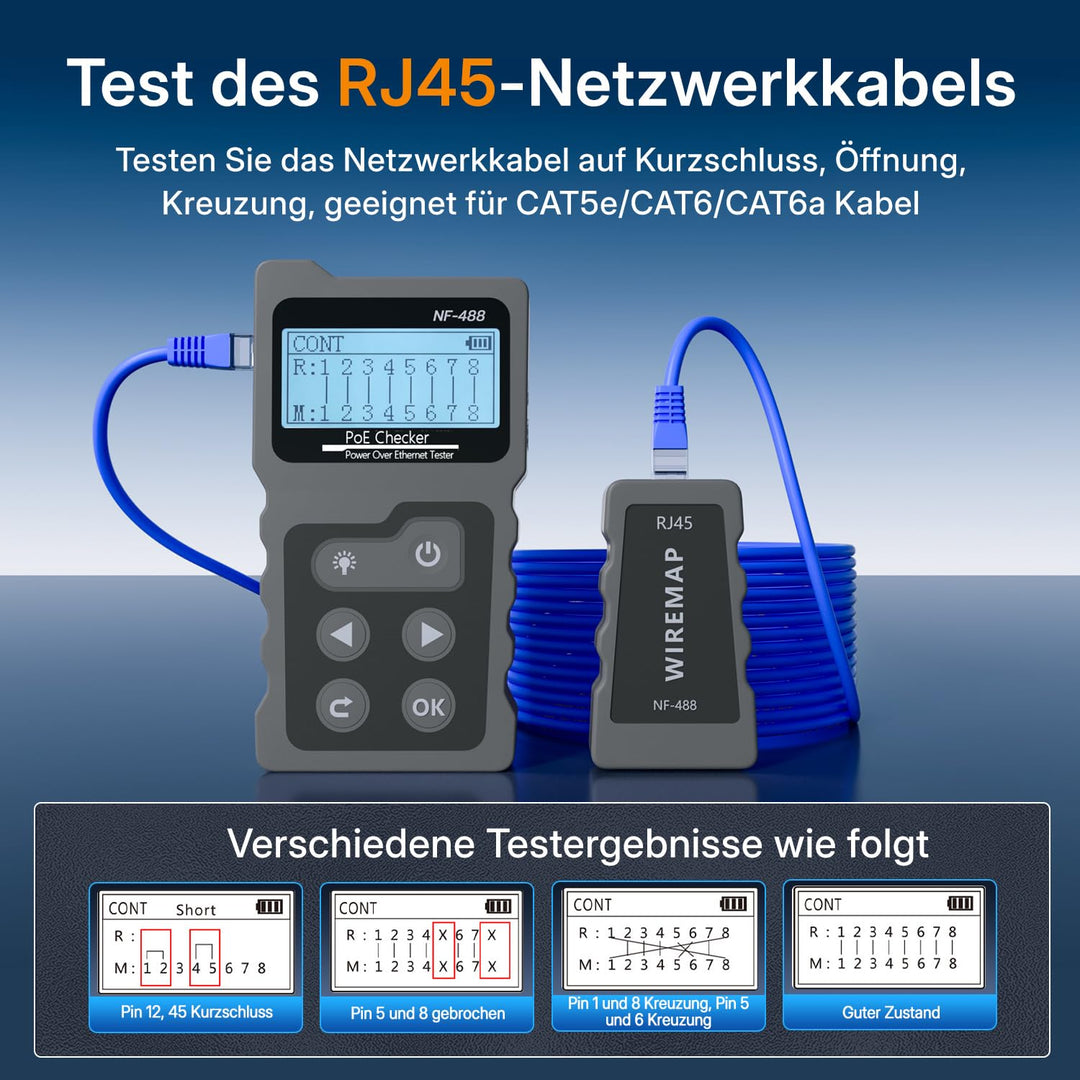 Netzwerktester RJ45 PoE LCD CAT5e CAT6 CAT6a mit LED-Leuchte - Bild 4