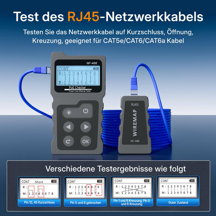 Netzwerktester RJ45 PoE LCD CAT5e CAT6 CAT6a mit LED-Leuchte - Bild 4