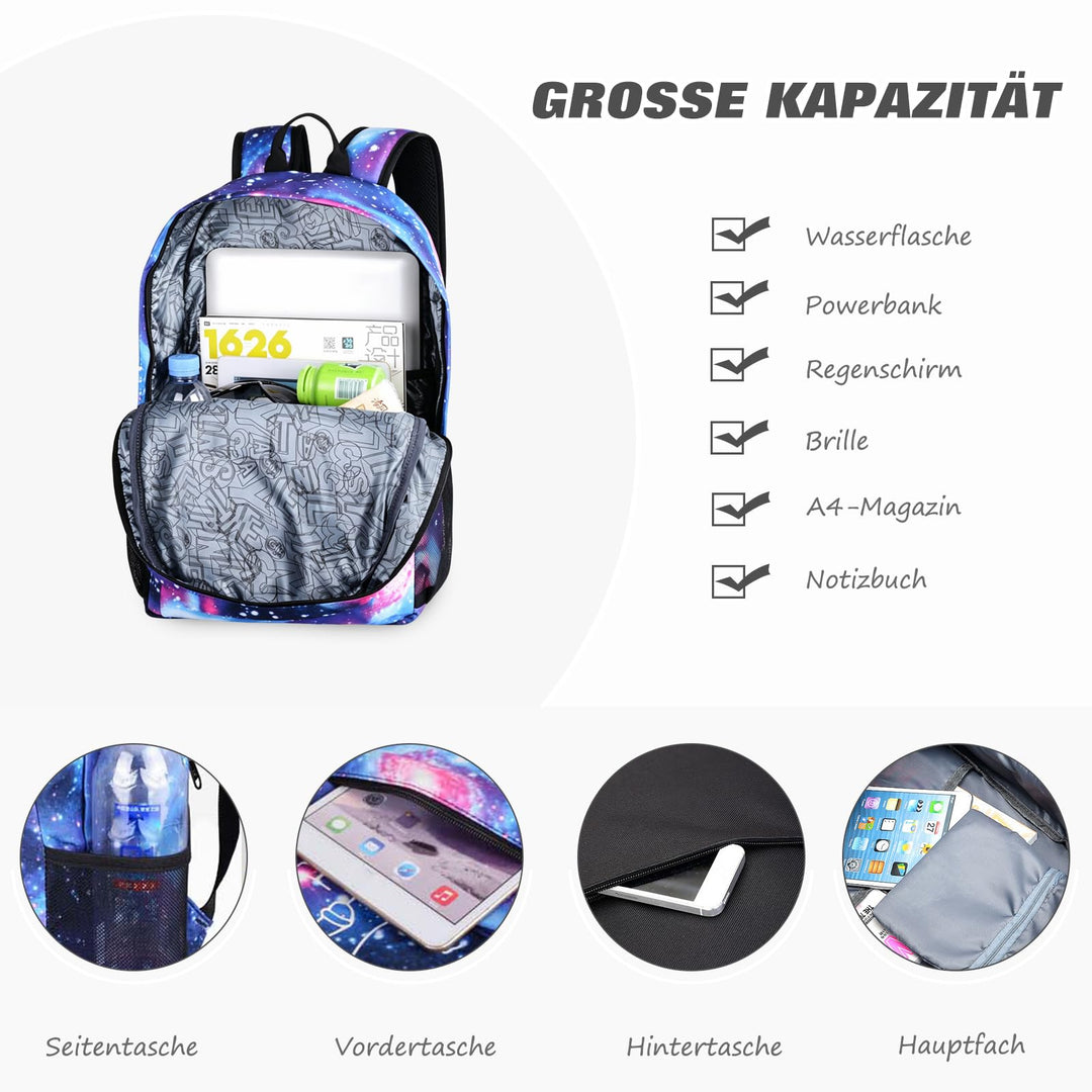 Schulrucksack mit USB-Ladeanschluss Galaxy-Muster Polyester Blau - Bild 3