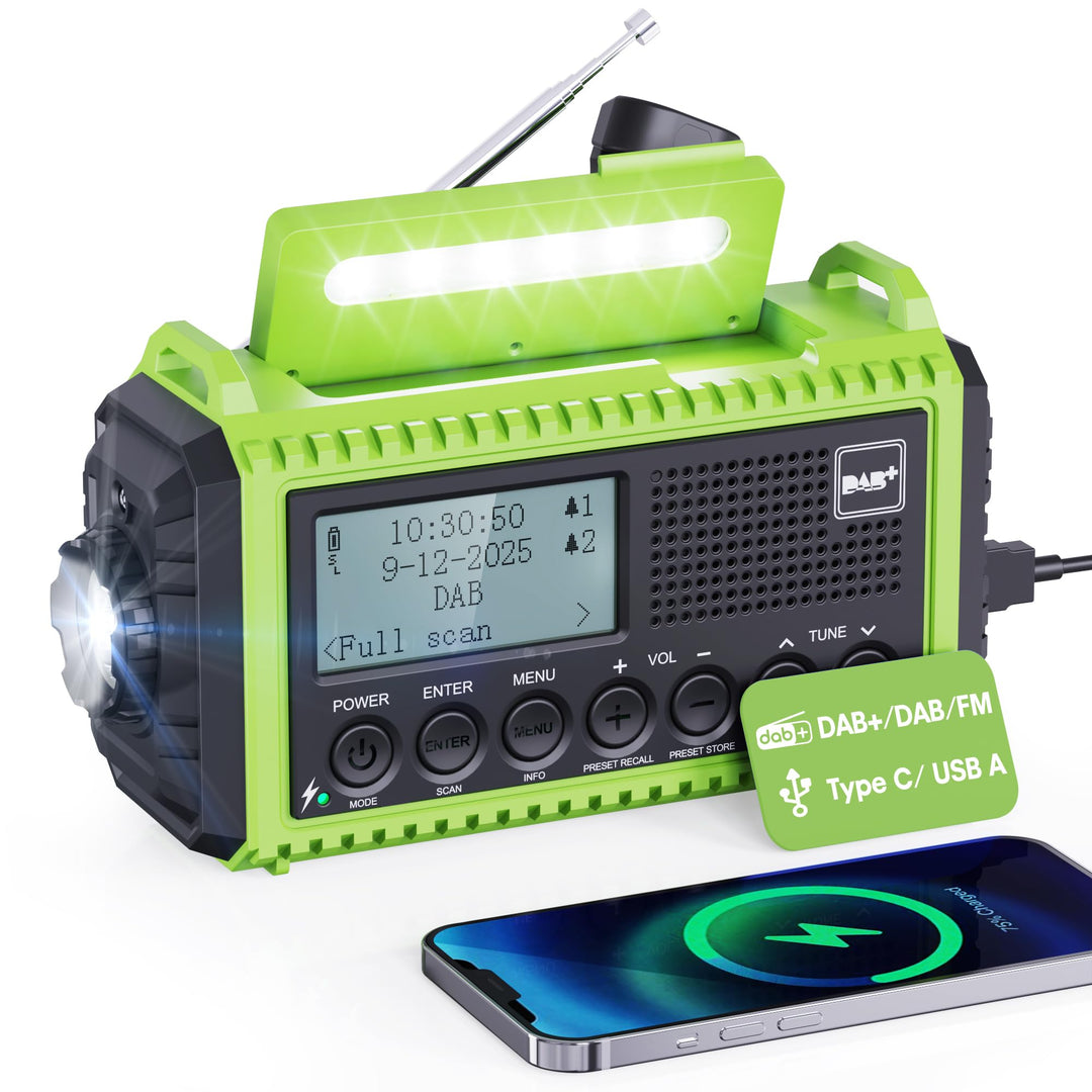 Kurbelradio DAB+ Solar mit 5000mAh Akku, LED-Licht &amp; SOS-Alarm