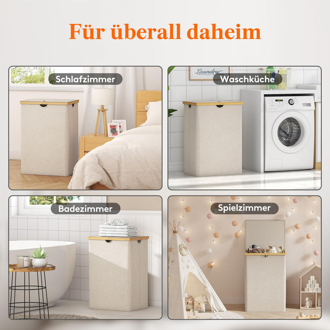 Wäschekorb Bambus 160L mit 2 Fächern und Deckel, Beige - Bild 8