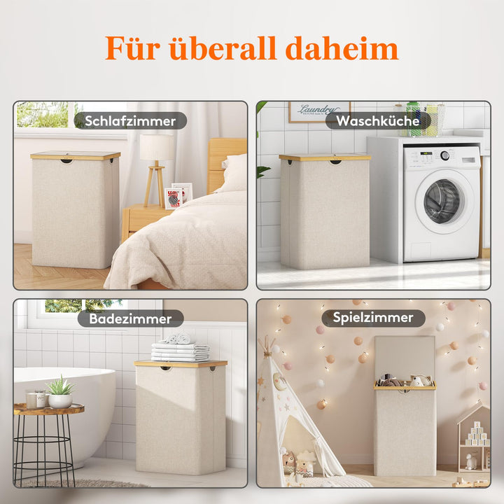 Wäschekorb Bambus 160L mit 2 Fächern und Deckel, Beige - Bild 8