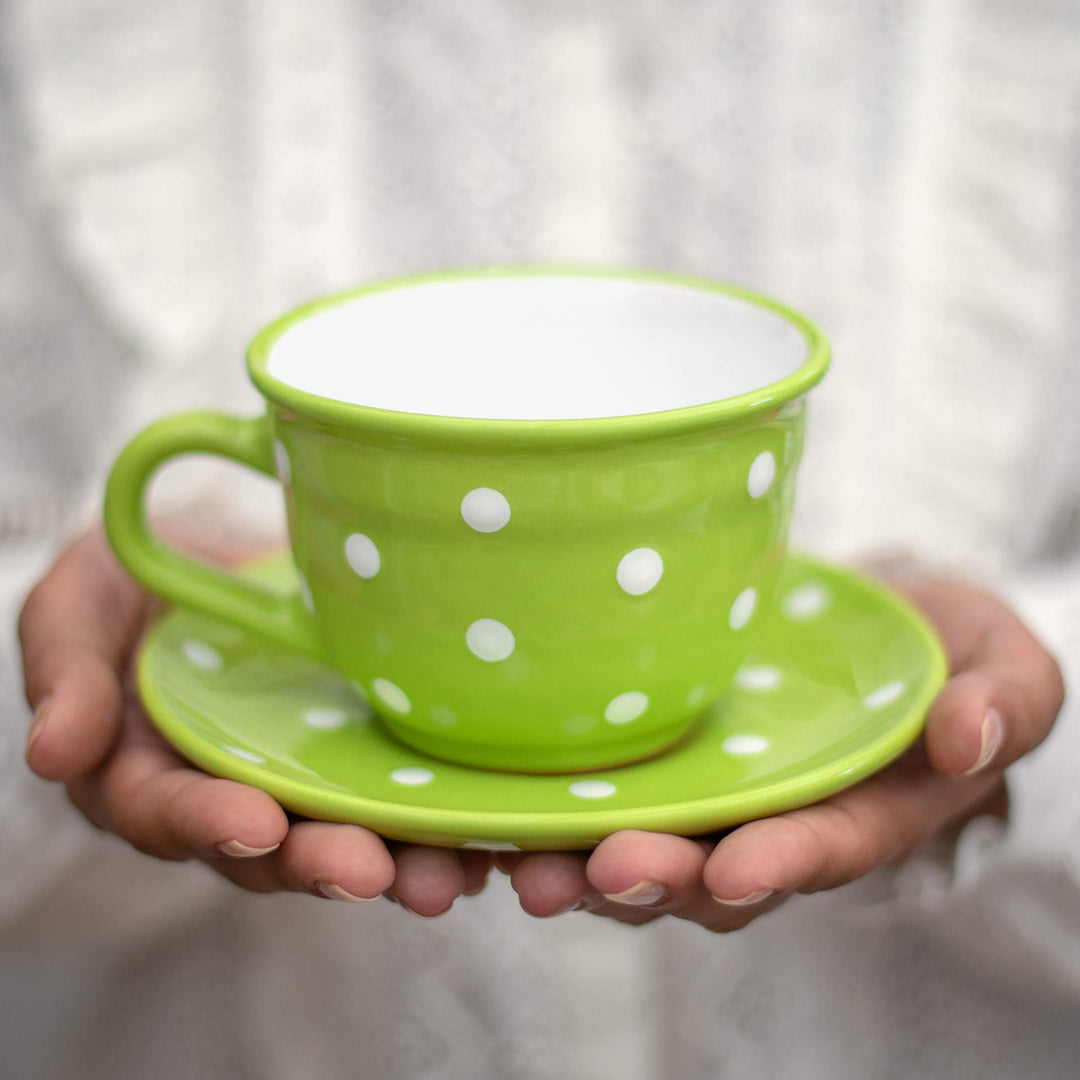Keramik Kaffeetasse mit Untertasse 350ml Handgemacht Grün Weiß Dots