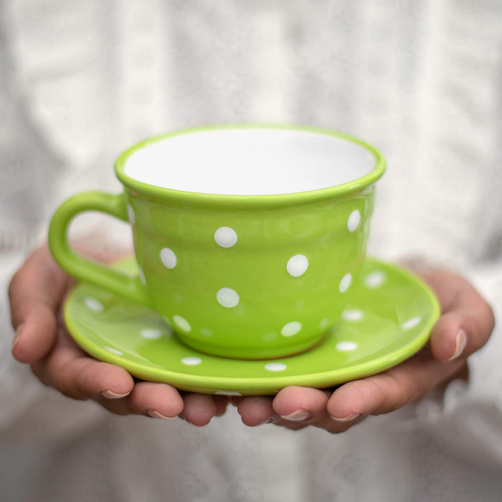 Keramik Kaffeetasse mit Untertasse 350ml Handgemacht Grün Weiß Dots