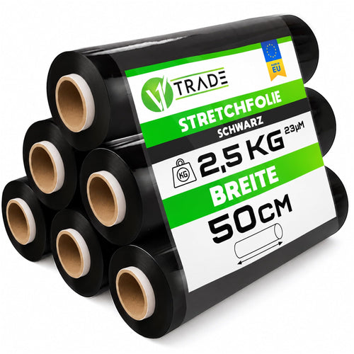 Stretchfolie Schwarz 6 Rollen à 2,5 kg – 500 mm breit, 23 µm