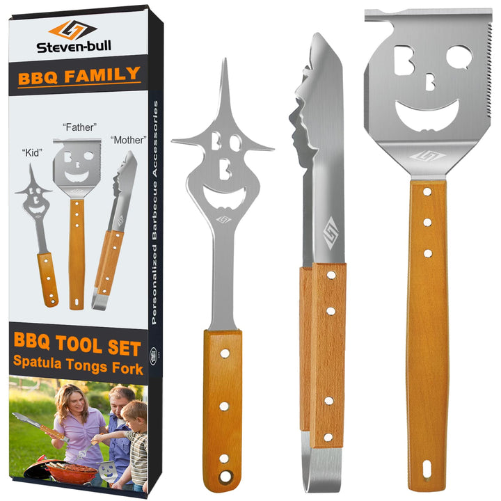 Grillbesteck-Set 3-teilig Edelstahl mit Holzgriff 14 Funktionen