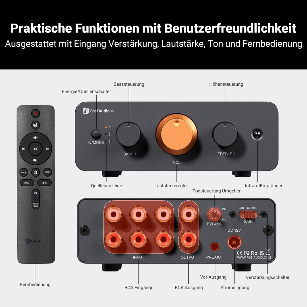 Stereo Vorverstärker Mini 3x RCA Eingang Fernbedienung Bass/Höhen - Bild 3