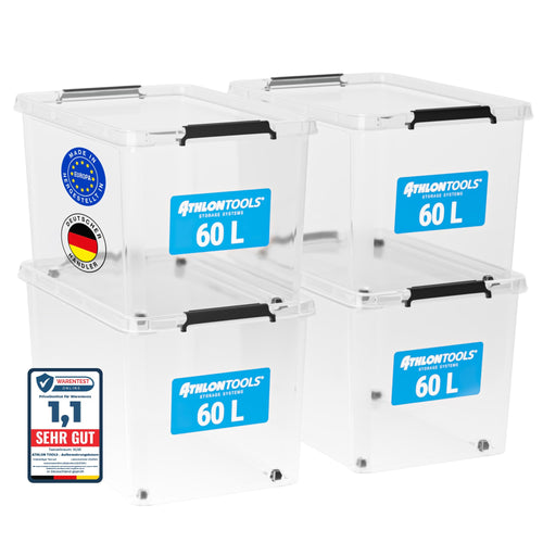 Aufbewahrungsbox mit Deckel 60L transparent stapelbar 4er Set