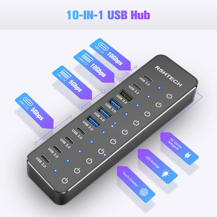 USB-Hub 10-Port USB 3.2/3.0 mit 60W Netzteil für Laptop &amp; Desktop - Bild 2