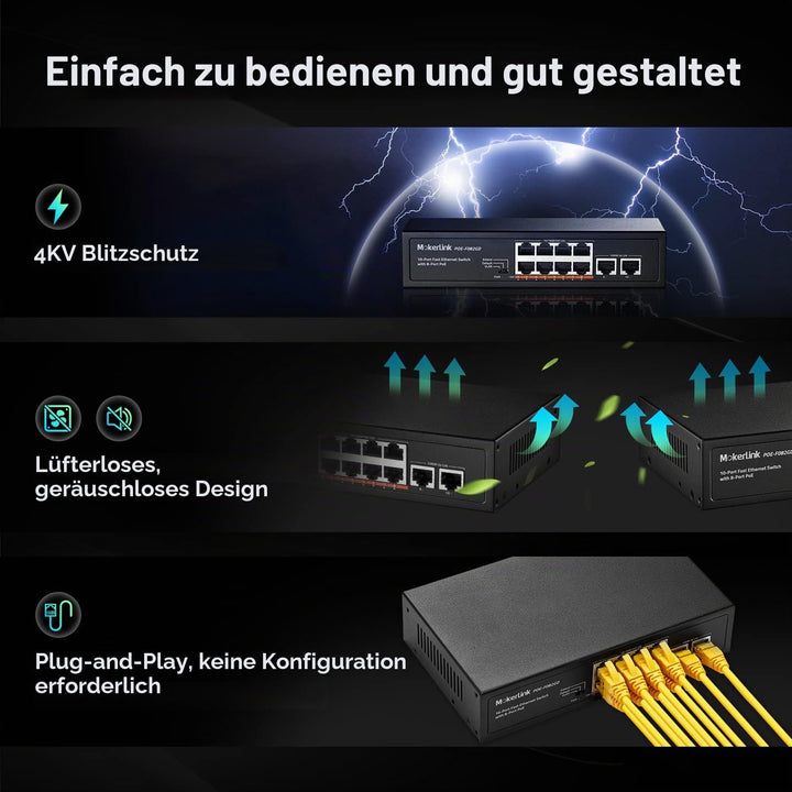PoE Switch 10-Port 8x PoE+ 2x Gigabit Uplink 96W lüfterlos - Bild 6