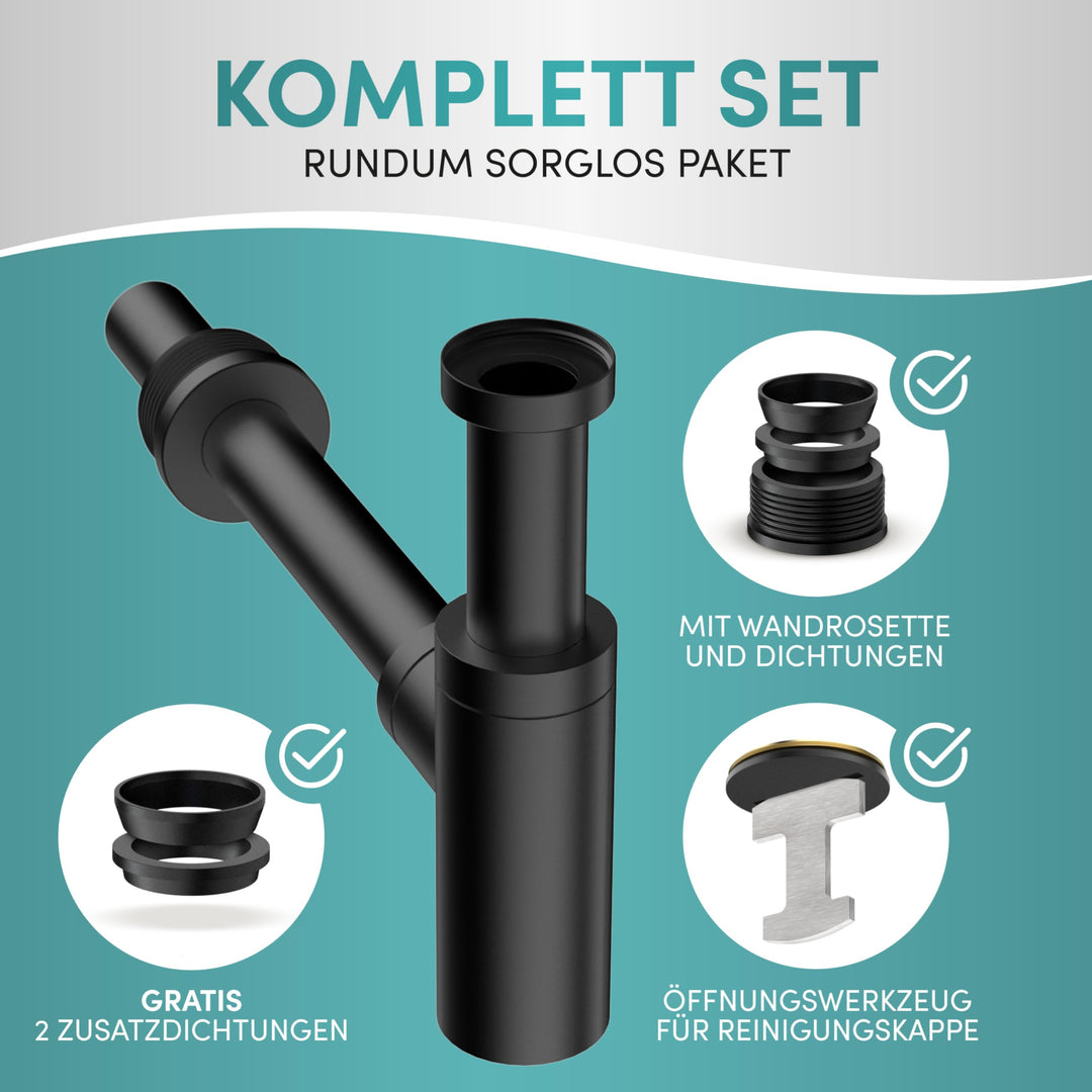 Design Siphon Waschbecken Schwarz Edelstahl mit Reinigungsöffnung 1¼" - Bild 2