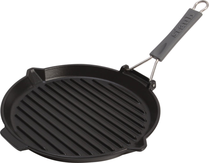 Gusseisen Grillpfanne rund 28 cm klappbarer Silikongriff Induktion
