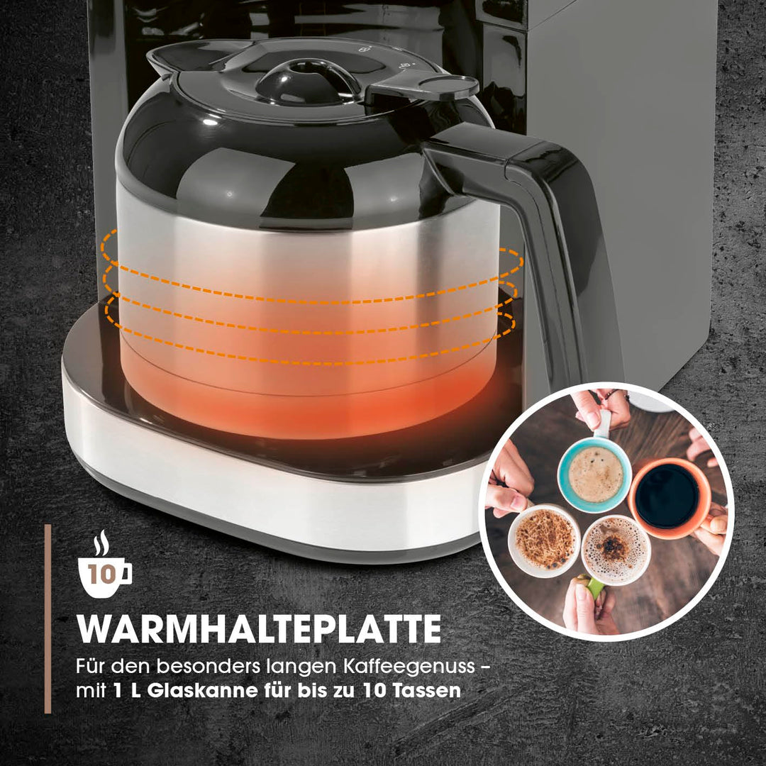 Filterkaffeemaschine mit Kegelmahlwerk Edelstahl 10 Tassen Timer - Bild 3
