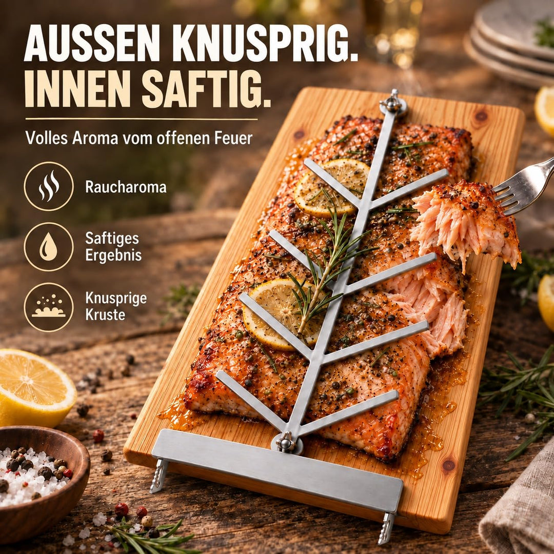 Flammlachsbrett Lärchenholz 2er-Set mit Edelstahlhalterung für Feuerschale - Bild 4
