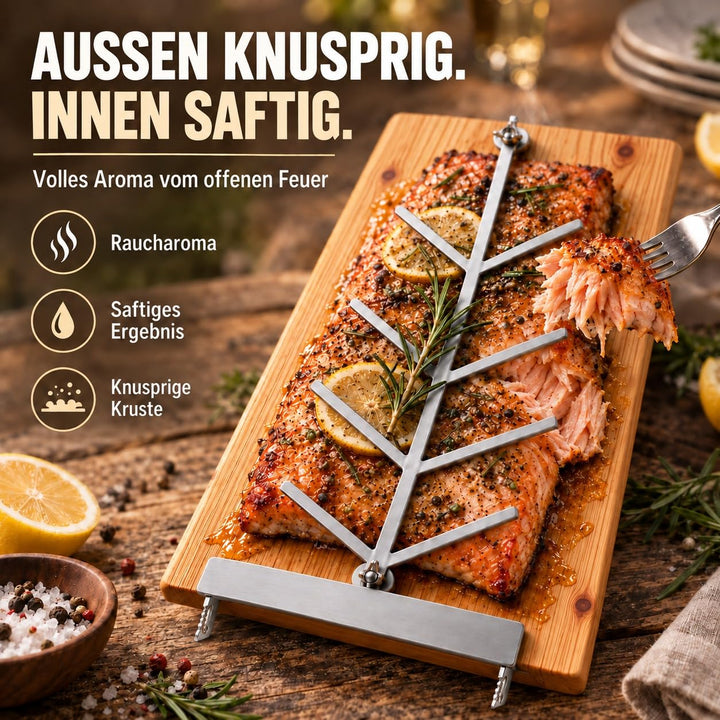 Flammlachsbrett Lärchenholz 2er-Set mit Edelstahlhalterung für Feuerschale - Bild 4