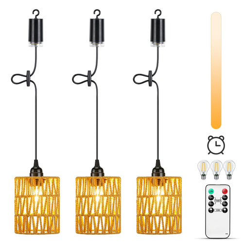 Boho Pendelleuchte Rattan 3er-Set batteriebetrieben IP65 dimmbar