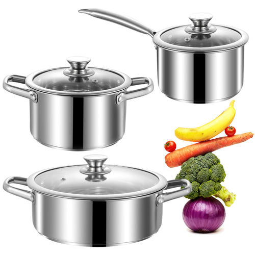 Kochtopf-Set Edelstahl 6-teilig mit Glasdeckeln 1,9/2,5/3,5 L