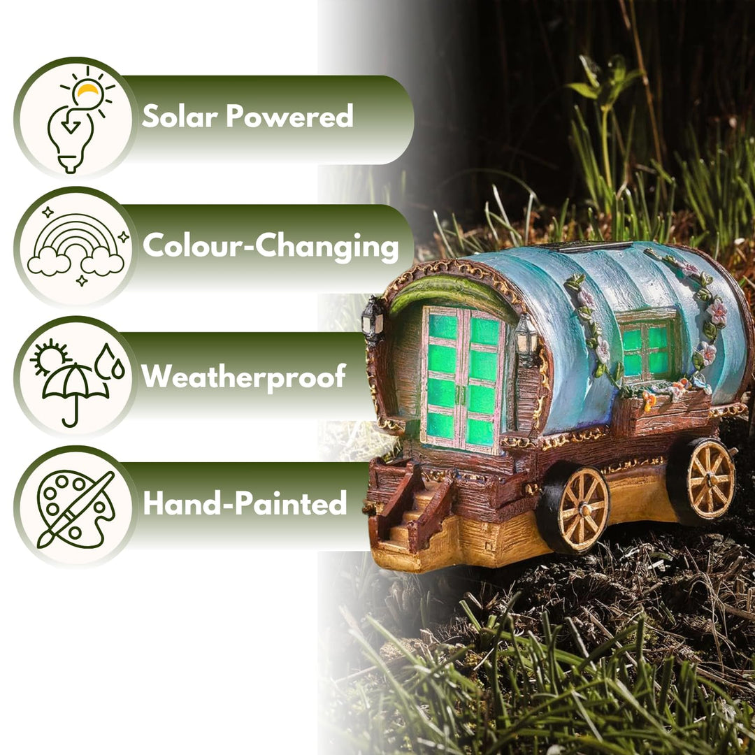 Solar Feenhaus Garten LED Deko Kunstharz wetterfest Zigeunerwagen - Bild 5