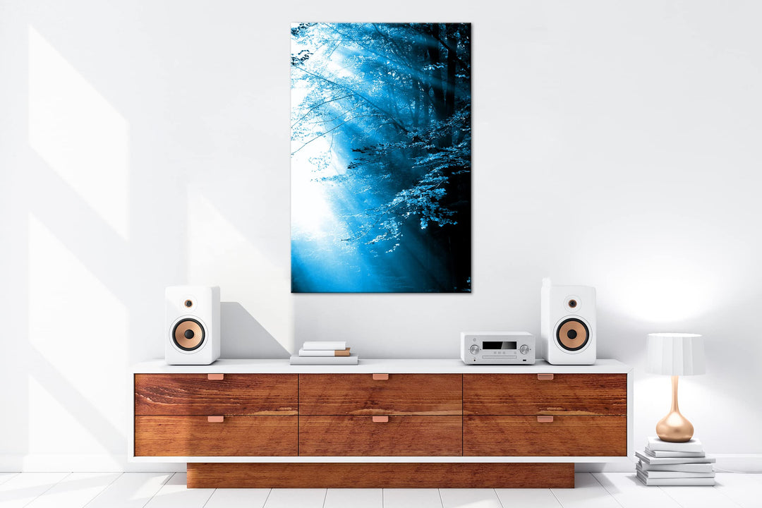 Leinwandbild Herbstwald Sonnenstrahlen Monochrom Blau 80x60 cm - Bild 5