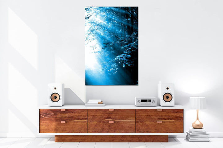 Leinwandbild Herbstwald Sonnenstrahlen Monochrom Blau 80x60 cm - Bild 5