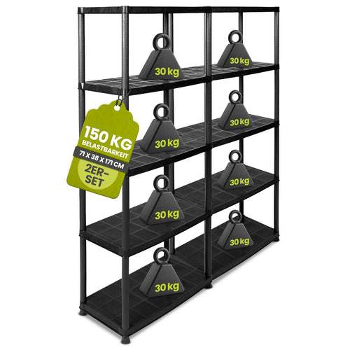 Kunststoffregal 5 Böden 150 kg Stecksystem 2er-Set für Keller & Garage